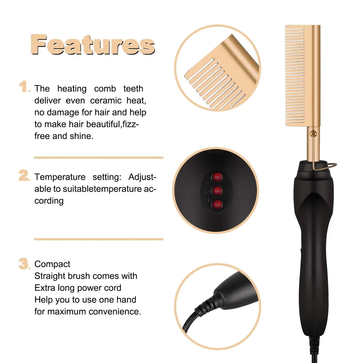 2 in1 Hot Comb Hair Straightener Electric Heating Comb Fast Heating Portable Travel Anti-Scald Beard Straightener Press Hot Comb