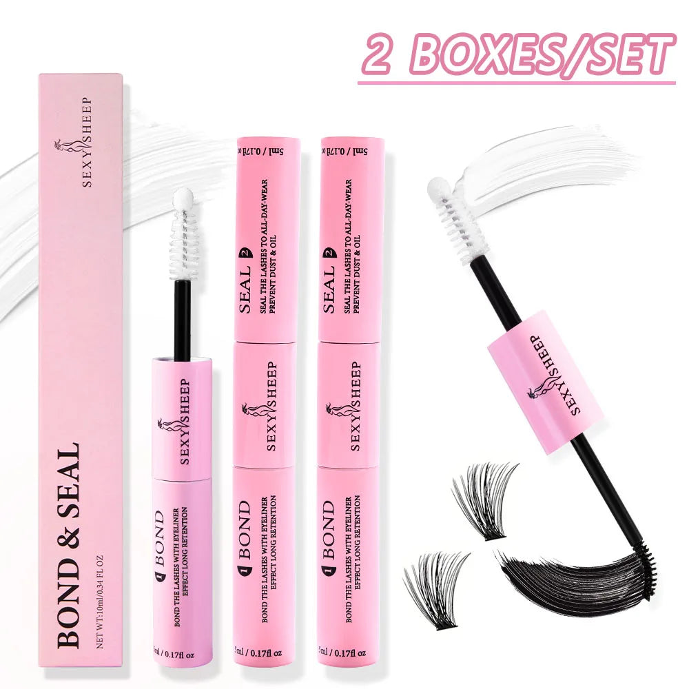 Eyelash Glue and Seal for Eyelash Clusters Strong Fixed  Eyelash Glue Lasting 48H 2 in 1(5ml Black Glue + 5ml Clear Seal)