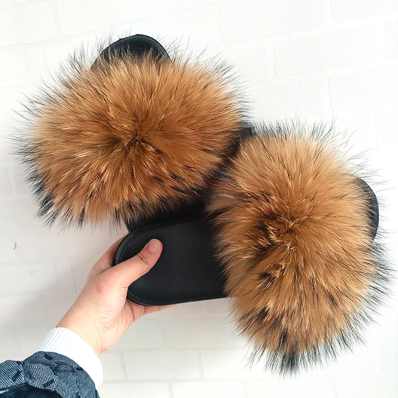 Summer Real Fur Slippers Ladies Indoor Furry Fur Flip Flops Women Plush Fox Fur Slides For Women House Shoes Woman Slipper Beach