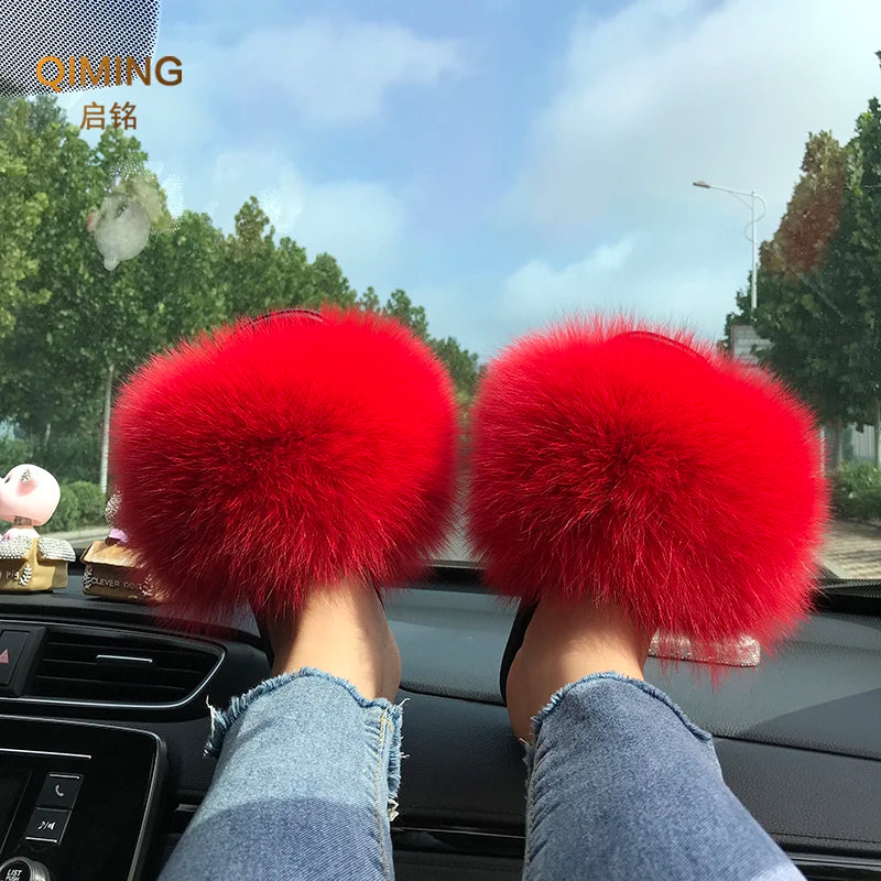 Summer Real Fur Slippers Ladies Indoor Furry Fur Flip Flops Women Plush Fox Fur Slides For Women House Shoes Woman Slipper Beach