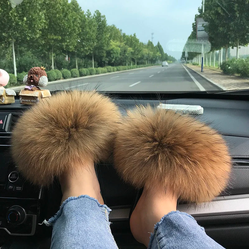 Summer Real Fur Slippers Ladies Indoor Furry Fur Flip Flops Women Plush Fox Fur Slides For Women House Shoes Woman Slipper Beach