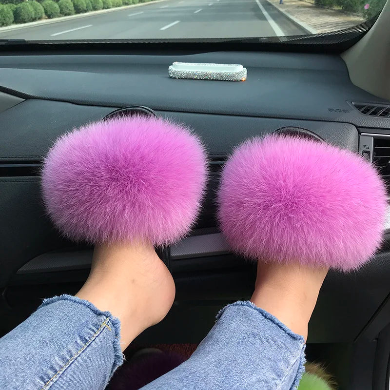 Summer Real Fur Slippers Ladies Indoor Furry Fur Flip Flops Women Plush Fox Fur Slides For Women House Shoes Woman Slipper Beach