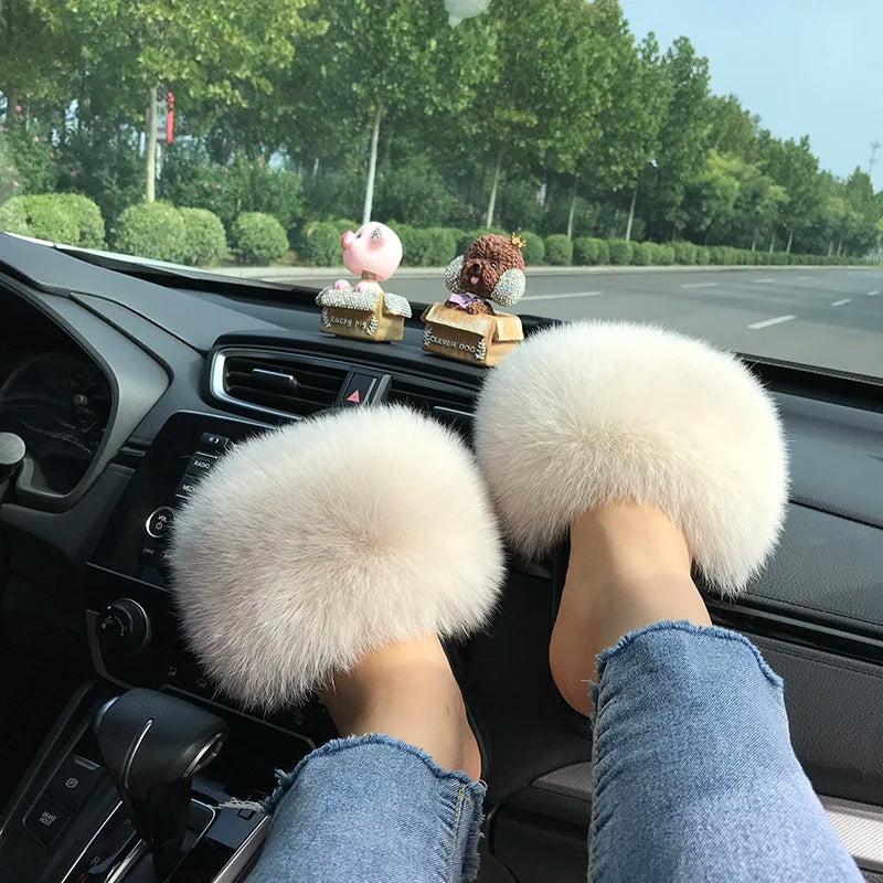 Summer Real Fur Slippers Ladies Indoor Furry Fur Flip Flops Women Plush Fox Fur Slides For Women House Shoes Woman Slipper Beach