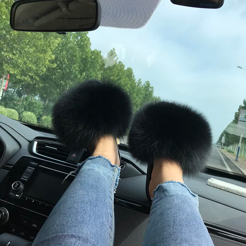 Summer Real Fur Slippers Ladies Indoor Furry Fur Flip Flops Women Plush Fox Fur Slides For Women House Shoes Woman Slipper Beach