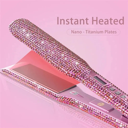 Rhinestone Flat Iron Titanium Hair Straightener Dual Voltage Iron Professional Hair Tools LCD Display 2 Inch Plate Irons