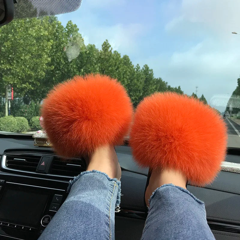 Summer Real Fur Slippers Ladies Indoor Furry Fur Flip Flops Women Plush Fox Fur Slides For Women House Shoes Woman Slipper Beach