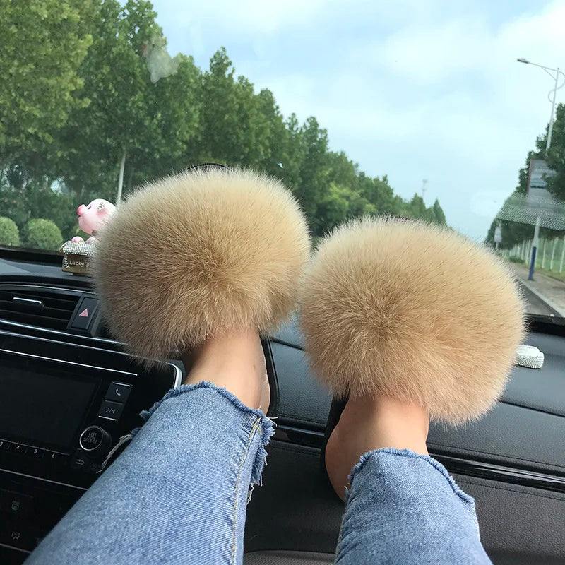 Summer Real Fur Slippers Ladies Indoor Furry Fur Flip Flops Women Plush Fox Fur Slides For Women House Shoes Woman Slipper Beach