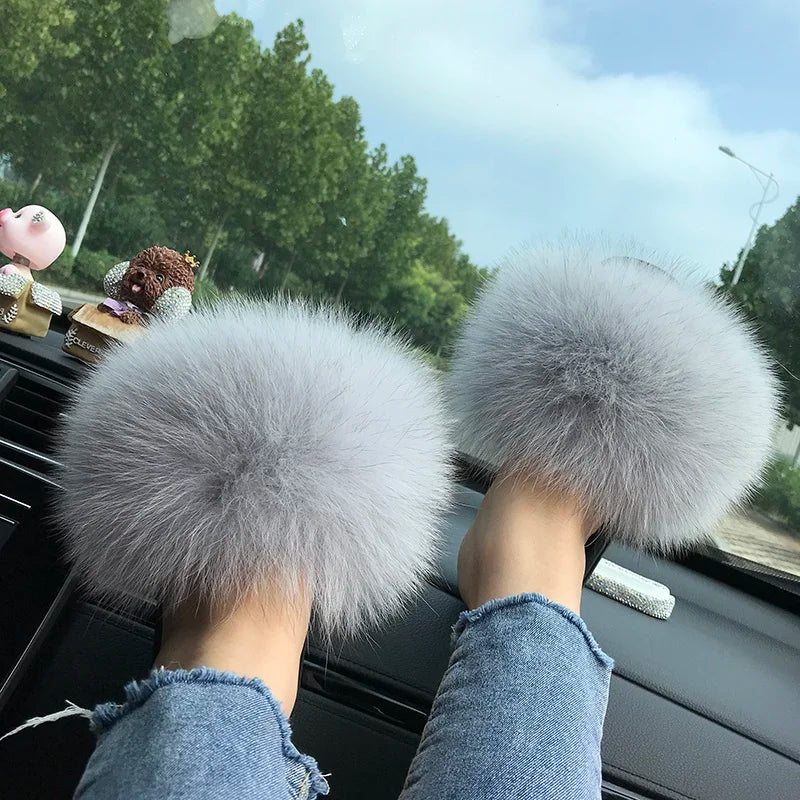 Summer Real Fur Slippers Ladies Indoor Furry Fur Flip Flops Women Plush Fox Fur Slides For Women House Shoes Woman Slipper Beach