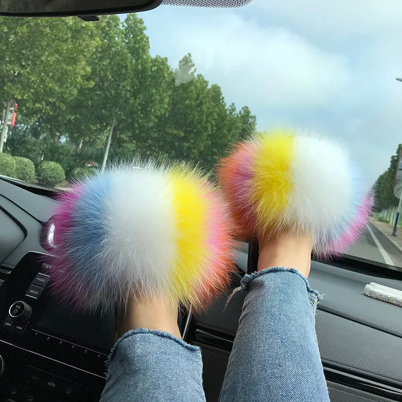 Summer Real Fur Slippers Ladies Indoor Furry Fur Flip Flops Women Plush Fox Fur Slides For Women House Shoes Woman Slipper Beach