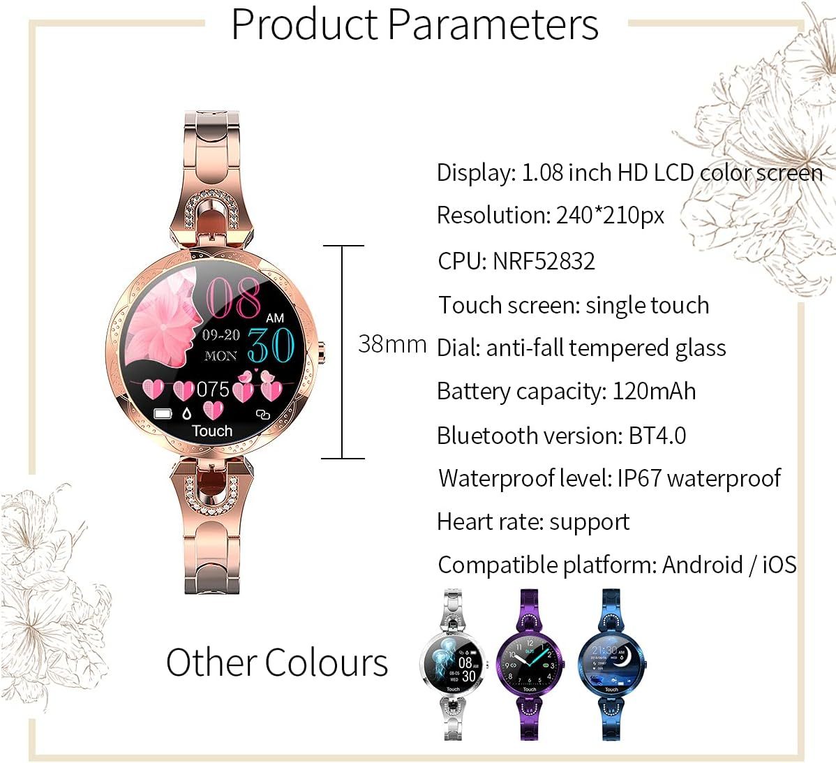 Ladies' Fashion Watch, 1.09-inch Full Touch Screen Watch, With Call Function, Sports Mode, Pedometer