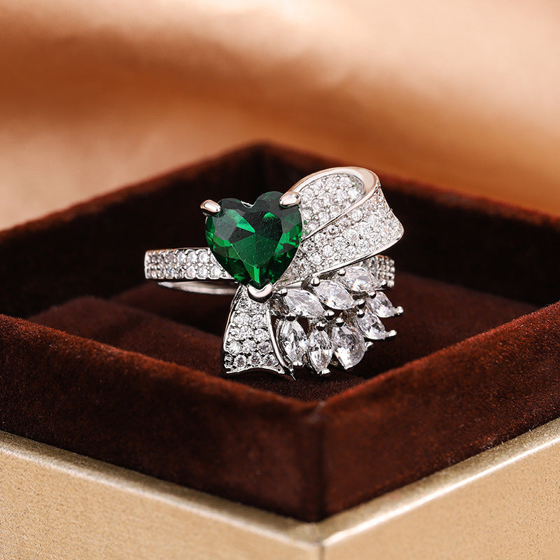 European And American Love Colored Gems High-grade Emerald Bow Open Ring