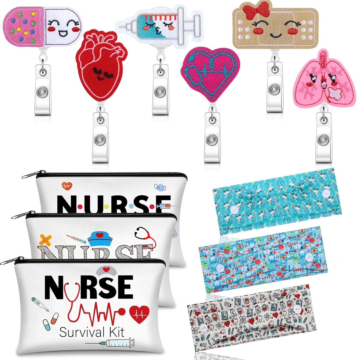 18 Pcs Christmas Nurse Gifts Survival Kit Nurse Gift for Women Xmas Nurse Appreciation Gifts 6 Nurse Cosmetic Bag 6 Nurse Badge Reel Retractable 6 Nursing Headbands with Buttons(Stylish Style)