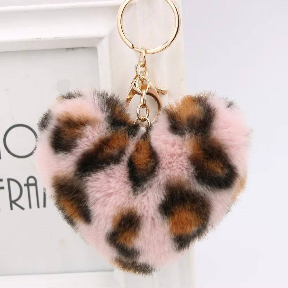 Plush Rex Rabbit Fur Heart Pom-Pom Keychain - Cute Bag Purse Charm - Ring Fluffy Fur Ball - Fashion Gift (Leopard)