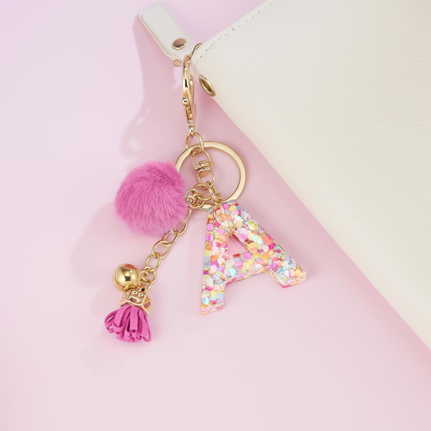 Resin Alphabet Initial Letter Keychain Keyring for Women Purse Handbags with Fur Ball Pom