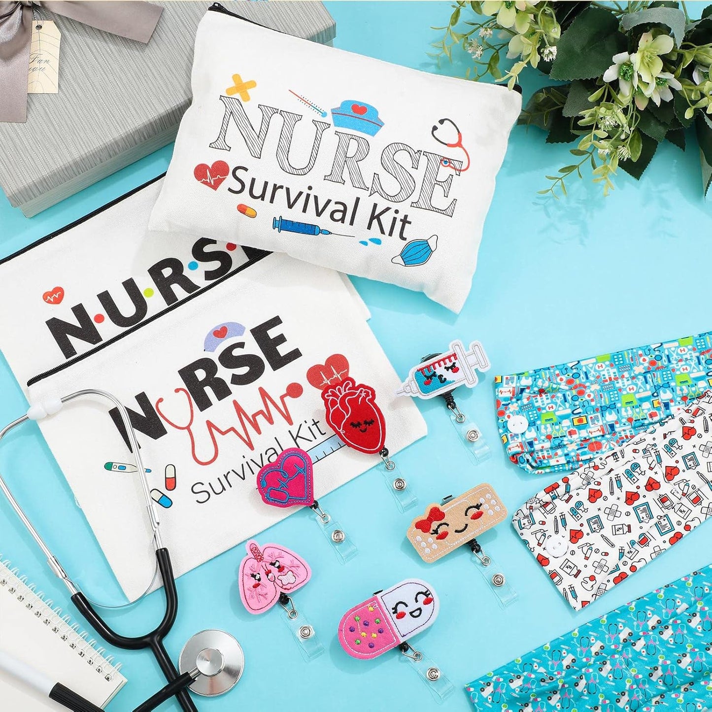 18 Pcs Christmas Nurse Gifts Survival Kit Nurse Gift for Women Xmas Nurse Appreciation Gifts 6 Nurse Cosmetic Bag 6 Nurse Badge Reel Retractable 6 Nursing Headbands with Buttons(Stylish Style)