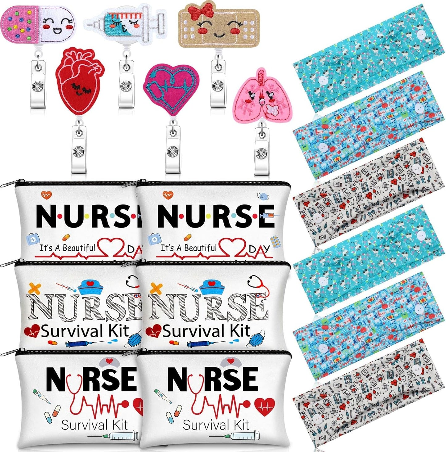 18 Pcs Christmas Nurse Gifts Survival Kit Nurse Gift for Women Xmas Nurse Appreciation Gifts 6 Nurse Cosmetic Bag 6 Nurse Badge Reel Retractable 6 Nursing Headbands with Buttons(Stylish Style)