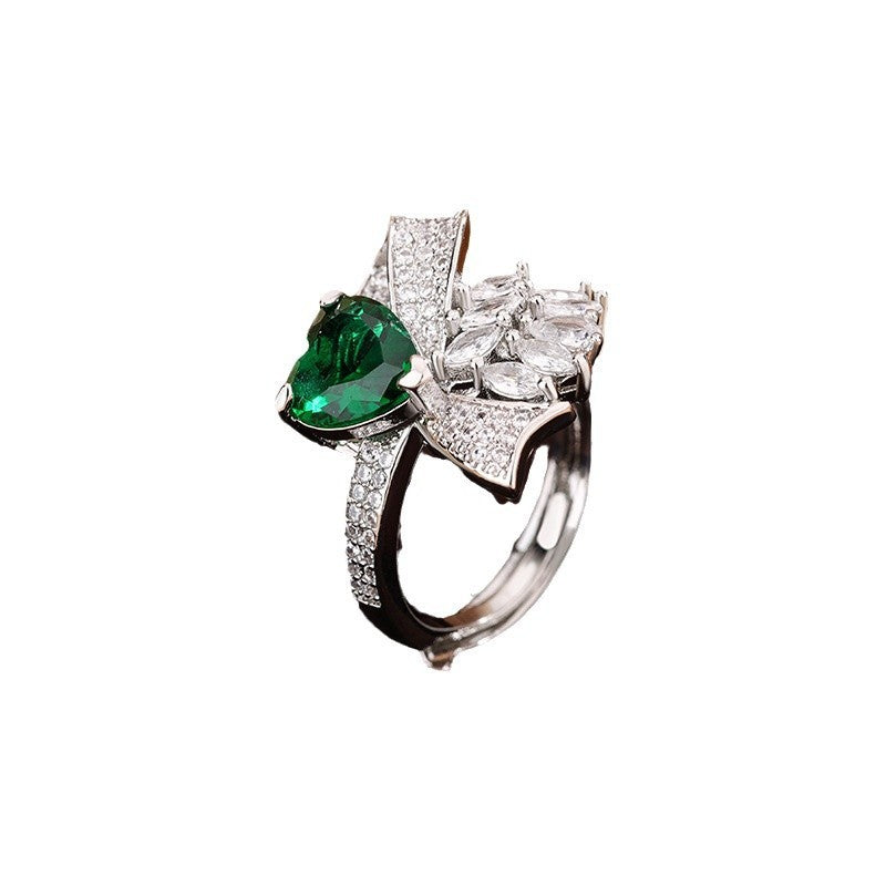 European And American Love Colored Gems High-grade Emerald Bow Open Ring